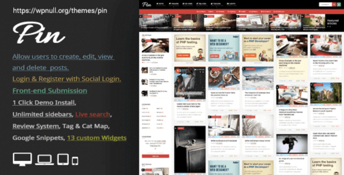 Pin = Pinterest Style / Personal Masonry Blog / Front-end Submission v5.6