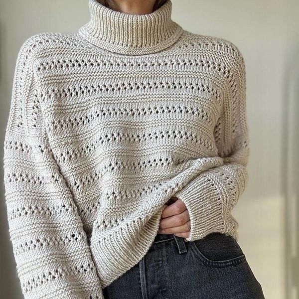 [Вязание] Cвитер с японским плечом Lacey Loop Rollneck, вязаный спицами сверху [Other Loops]