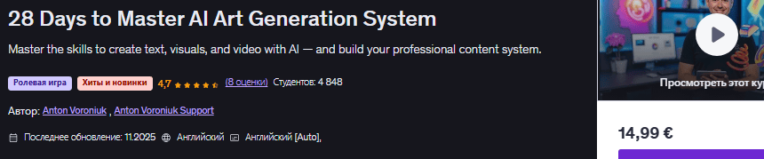 28 дней на освоение системы генерации произведений искусства на основе ИИ [Udemy] [Anton Voroniuk]