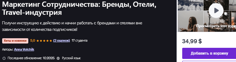 Маркетинг Сотрудничества: Бренды, Отели, Travel-индустрия [Anna Volchik] [udemy]